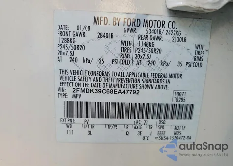 2008 Ford Edge Limited from USA, damaged, VIN 2FMDK39C68BA47792